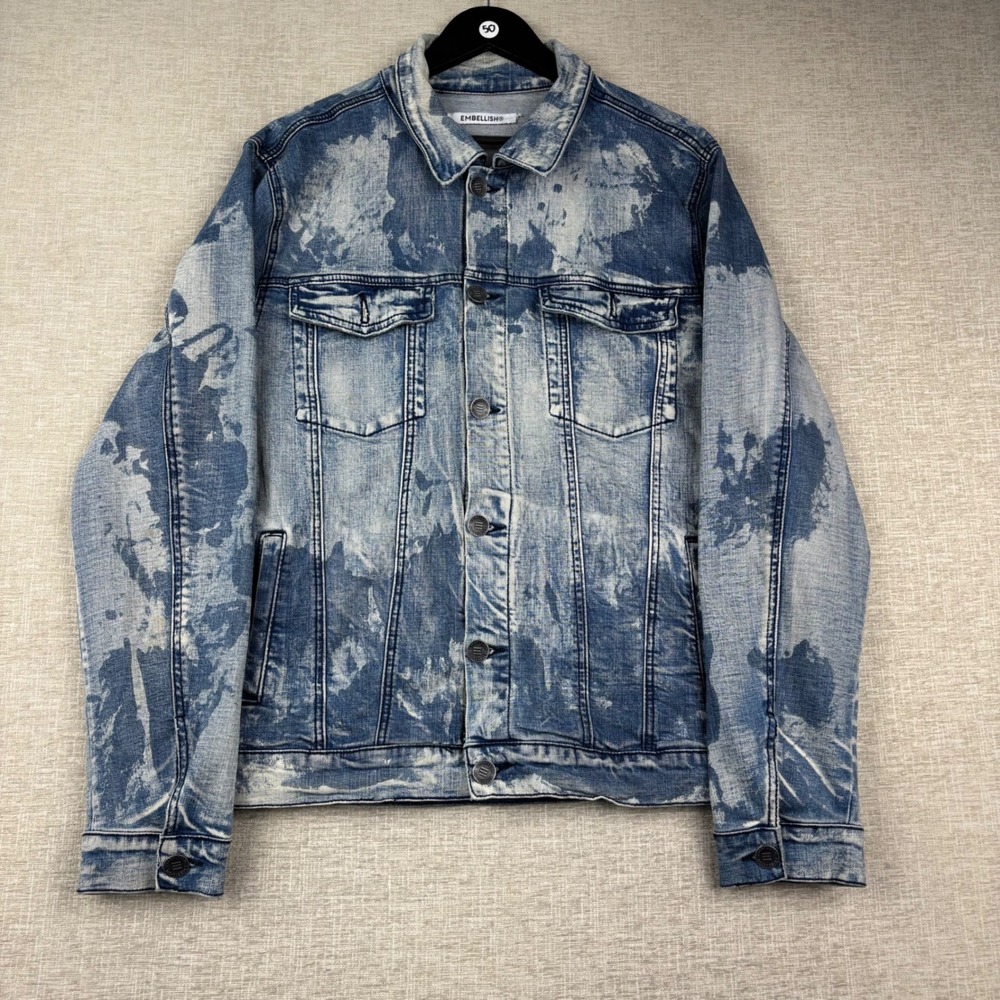 Embellish Mens Grungy Blue Acid Wash Bleach Splatter Denim Trucker Jacket XL
